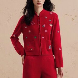 Erdos Chinese Style Red Cashmere Cardigan with Plants and Animal Embroidery
